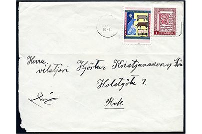 1 kr. Håndskrifter og Thorvaldsen Foreningen Julemærke 1956 på lokalbrev i Reykjavik d. 23.12.1956.