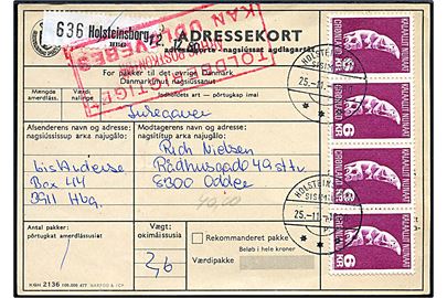 6 kr. Tupilak i 4-stribe på adressekort for pakke fra Holsteinsborg d. 25.11.1980 til Odder.