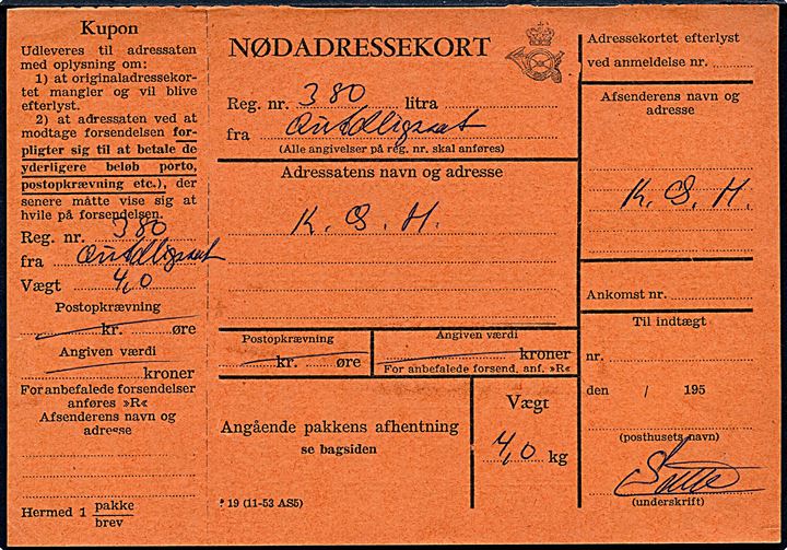 Nødadressekort for pakke fra Qutdligssat i 1950'erne til KGH. 