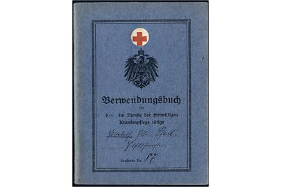 Tysk Røde Kors. Verwendungsbuch für der im Dienst der frewilligen Krankenpflege tätige. Dateret Gera 1918. 32 sider.