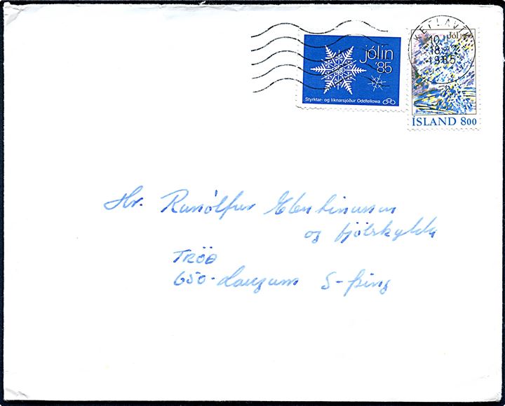 8 kr. og Odd Fellow Julemærke 1985 på brev fra Keflavik d. 18.12.1985.