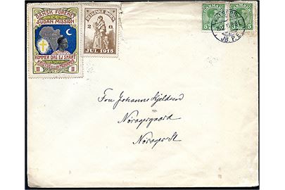 5 øre Chr. X (2), samt 2 øre Belgiske Børn Jul 1915 og Dansk Forenet Sudan Mission mærkat, på brev fra Aalborg d. 15.12.1915 til Nørager. Lodret rift.