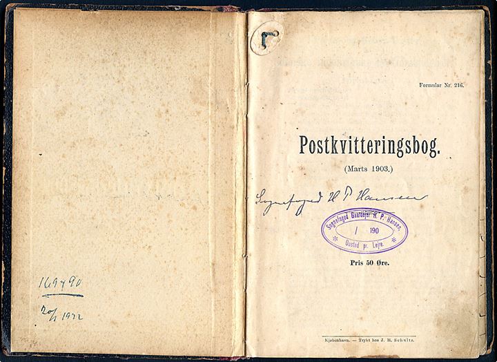 Postkvitteringsbog - formular Nr. 216 - fra sognefogeden i Ousted pr. Lejre. Benyttet i perioden 1904-1929.