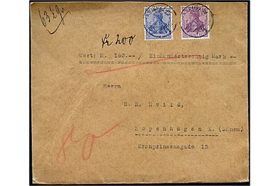 20 pfg. og 60 pfg. Germania på værdibrev fra Leipzig d. 25.6.1917 til København, Danmark. På bagsiden tysk censur fra Leipzig.