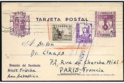 15 cts. helsagsbrevkort opfrankeret med 5 cts. og 20 cts. fra San Sebastian d. 8.3.1938 til Paris, Frankrig. Lokal spansk censur fra San Sebastian.