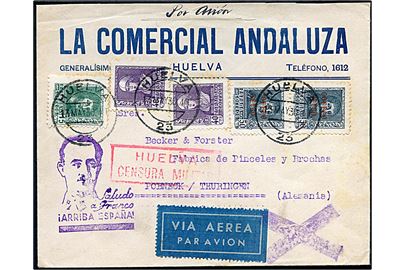 15 cts., 40 cts. (2) og 50 cts. Luftpost (2) på luftpostbrev fra Huelva d. 13.5.1930 (fejlindstillet årstal!). Lokal spansk censur fra Huelva og propagandastempel. Bagklap mgl.