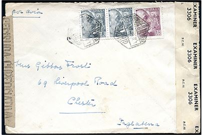 25 cts. og 1 pta. (2) Franco på luftpostbrev fra Madrid d. 29.4.1945 til Chester, England. Åbnet af både spansk censur og britisk censur PC90/3306.