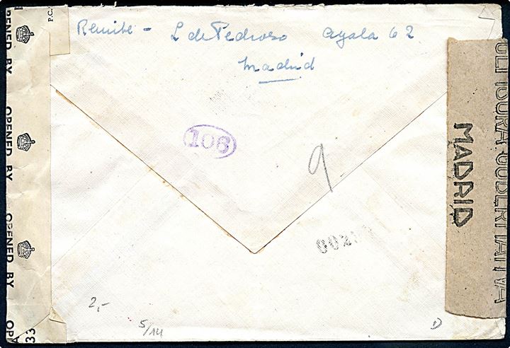 25 cts. og 1 pta. (2) Franco på luftpostbrev fra Madrid d. 29.4.1945 til Chester, England. Åbnet af både spansk censur og britisk censur PC90/3306.
