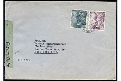 25 cts. og 70 cts. Franco på brev fra Venta de Banos d. 6.10.1942 til Neuchatel, Schweiz. Åbnet af lokal spansk censur i Madrid.