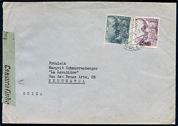25 cts. og 70 cts. Franco på brev fra Venta de Banos d. 6.10.1942 til Neuchatel, Schweiz. Åbnet af lokal spansk censur i Madrid.