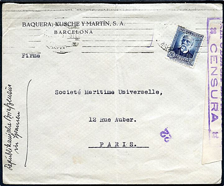 50 cts. på brev fra Barcelona 1937 til Paris, Frankrig. Åbnet af lokal censur.