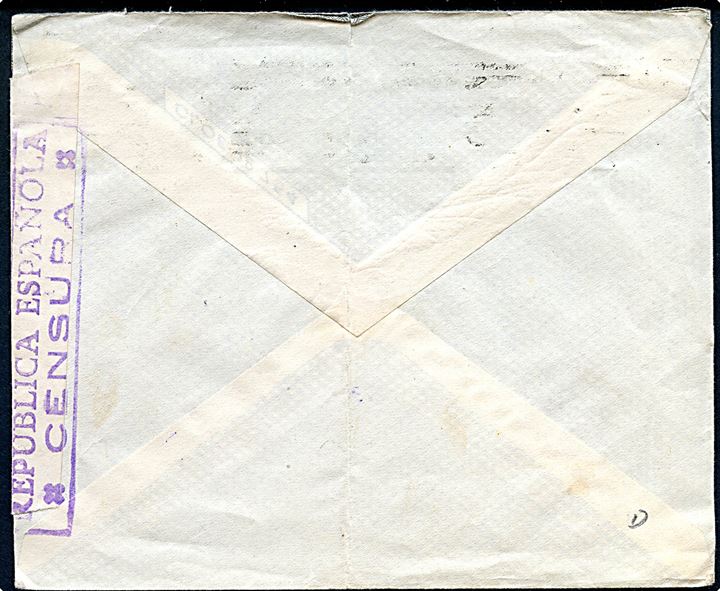 50 cts. på brev fra Barcelona 1937 til Paris, Frankrig. Åbnet af lokal censur.