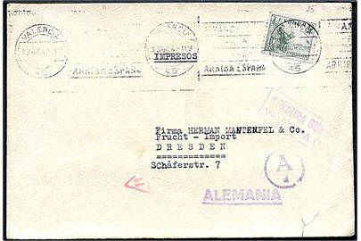 15 cts. på tryksag fra Valenzia d. 13.12.1942 til Dresden, Tyskland. Passér stemplet ved både den spanske censur i Valenzia og tyske censur i München.