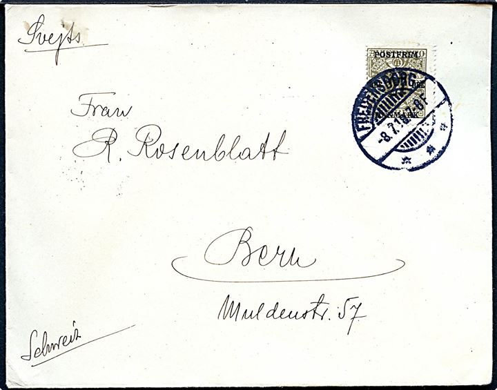 27/1 øre Provisorium single på brev fra Fredensborg d. 8.7.1918 til Bern, Schweiz.