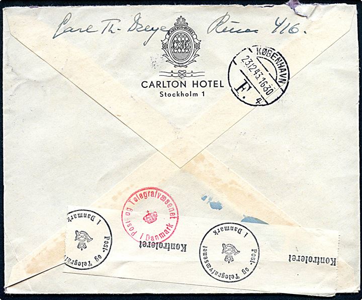 50 öre Gustaf single på ekspres brev fra filminstruktøren Carl Th. Dreyer i Stockholm d. 21.12.1943 til København, Danmark. Åbnet af dansk censur.