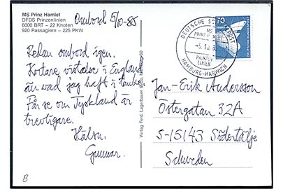 70 pfg. på brevkort (M/S Prinz Hamlet) annulleret med skibsstempel Deutsche Schiffspost MS Prinz Hamlet Prinzen Linien Hamburg - Harwich d. 5.10.1985 til Södertälje, Sverige.