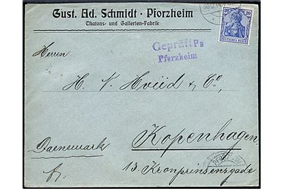 20 pfg. Germania på brev fra Pforzheim d. 30.12.1914 til København, Danmark. Tysk censur fra Pforzheim.