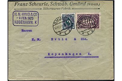 50 mk. og 100 mk. Infla udg. på illustreret firmakuvert (landkort på bagsiden) fra Gmünd d. 27.3.1923 til København, Danmark.