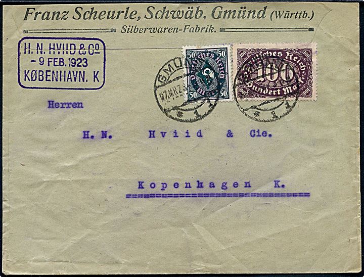 50 mk. og 100 mk. Infla udg. på illustreret firmakuvert (landkort på bagsiden) fra Gmünd d. 27.3.1923 til København, Danmark.