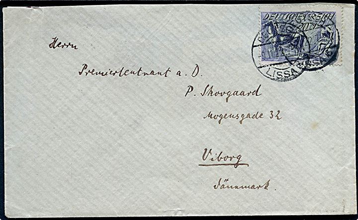 20 mk. single på infla brev fra Deutsch Lissa d. 9.11.1922 til Viborg, Danmark.
