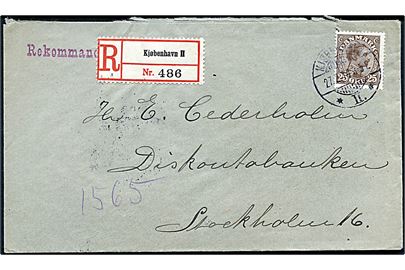 25 øre Chr. X single på anbefalet brev fra Kjøbenhavn d. 27.2.1914 til Stockholm, Sverige.