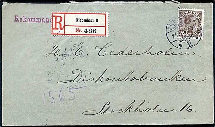 25 øre Chr. X single på anbefalet brev fra Kjøbenhavn d. 27.2.1914 til Stockholm, Sverige.