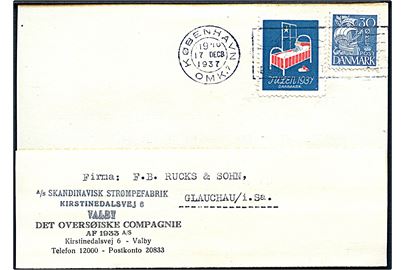 30 øre Karavel og Julemærke 1937 på forretnings-brevkort fra København d. 17.12.1937 til Glauschau, Tyskland.