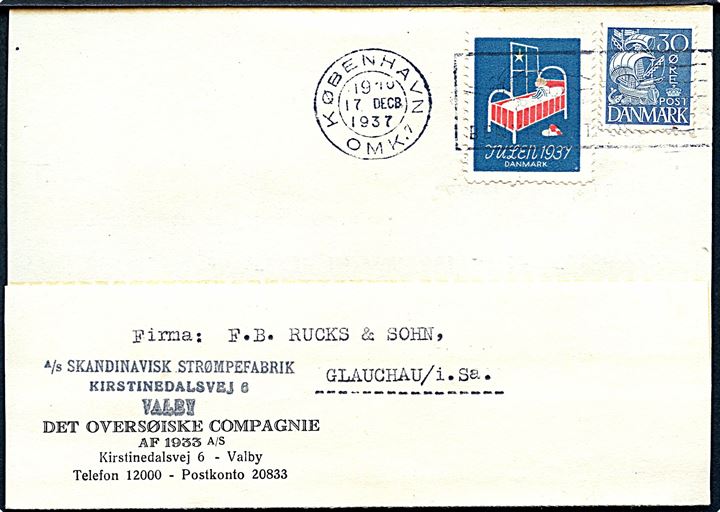 30 øre Karavel og Julemærke 1937 på forretnings-brevkort fra København d. 17.12.1937 til Glauschau, Tyskland.