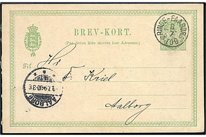 5 øre Våben helsagsbrevkort fra Faaborg annulleret med lapidar bureaustempel Ringe - Faaborg d. 8.7.1896 til Aalborg.