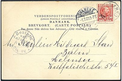 10 øre Chr. IX på brevkort (Christiansø, Bornholm) annulleret med lapidar Christiansø d. 4.7.1905 og sidestemplet Svaneke d. 4.7.1905 til Berlin, Tyskland.
