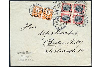 1 øre Bølgelinie (par) og 7/27 øre Provisorium i fireblok på brev annulleret med brotype IVb Broager sn1 d. 3.4.1926 til Berlin, Tyskland.