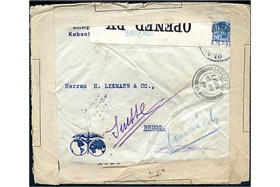 20 øre Chr. X single på brev fra Kjøbenhavn d. x.4.1919 til Brugg, Schweiz. Fejlsendt til Brigg i England og Brugge, Belgien. Dobbeltcensureret med både britisk og fransk censur.