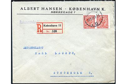 25 øre Chr. X (par) med perfin A.H. på firmakuvert fra Albert Hansen sendt anbefalet fra Kjøbenhavn d. 27.12.1923 til Stockholm, Sverige.