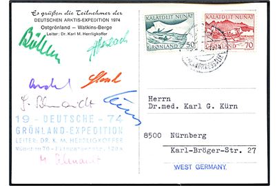 50 øre og 70 øre Postbefordring på ekspeditions-brevkort (Deutschen Arktis-Expedition 1974) annulleret Kap Dan pr. Angmagssalik 1974 til Nürnberg, Tyskland. Ekspeditionsstempel og signatur fra ekspeditionsdeltagere.