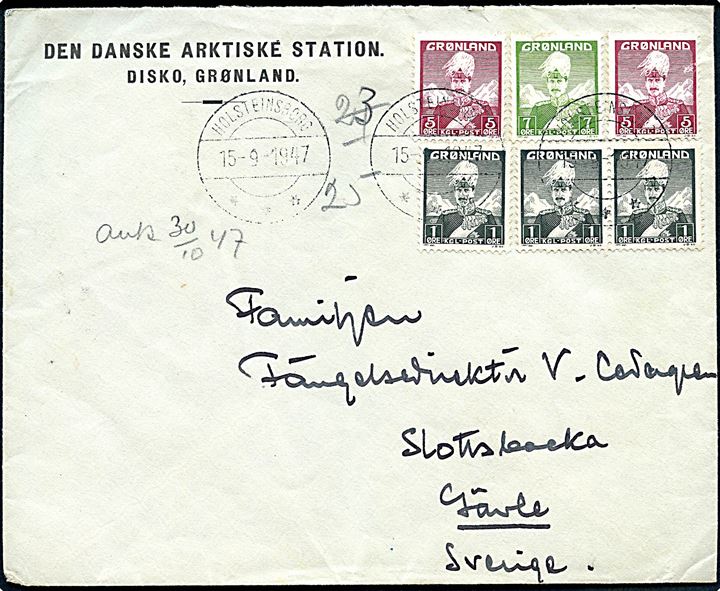 1 øre (3), 5 øre (2) og 7 øre Chr. X på fortrykt kuvert fra Den danske Arktiske Station, Disko, Grønland stemplet Holsteinsborg d. 15.9.1947 til Gävle. Sendt fra Poul Gelting, leder af den arktiske station i årene 1946-1953.