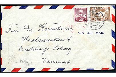 5 øre Chr. X og 1 kr. Isbjørn på luftpostbrev fra Ivigtut d. 6.7.1941 til Søborg, Danmark. Åbnet af tysk censur i Frankfurt.