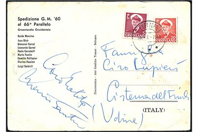 5 øre og 30 øre Fr. IX på eksprditions-brevkort fra den italienske ekspedition Speditione G.M. '60 stemplet i Sukkertoppen d. 30.7.1960 til Italien. Signatur fra ekspeditionsdeltager Maria Fantin. Fold.