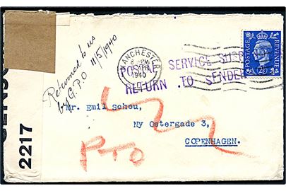 2½d George VI på brev fra Manchester d. 5.4.1940 til København, Danmark. Åbnet af britisk censur PC66/2217. Returneret med stempel Postal Service Suspended / Return to Sender og noteret: Returned to us by G.P.O. 11.5.1940.