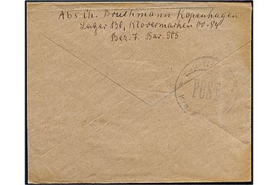 40 øre posthusfranko på brev fra København OMK d. 25.3.1947 til Preetz, Tyskland. Sendt fra flygtningelejr 130 Kløvermarken på Amager med svagt lejrstempel på bagsiden.