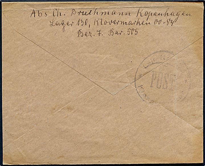 40 øre posthusfranko på brev fra København OMK d. 25.3.1947 til Preetz, Tyskland. Sendt fra flygtningelejr 130 Kløvermarken på Amager med svagt lejrstempel på bagsiden.
