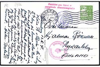 15 øre Karavel på brevkort fra Sønderborg d. 13.6.1941 til Nykarleby, Finland. Dansk og finsk censur og stempel Forsinket paa Grund af manglende Afsenderangivelse.