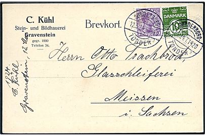 10 øre Bølgelinie og 15 øre Chr. X på brevkort fra Graasten annulleret med bureaustempel Sønderborg - Tønder sn2 T.1420 d. 12.5.1924 til Meissen, Tyskland.