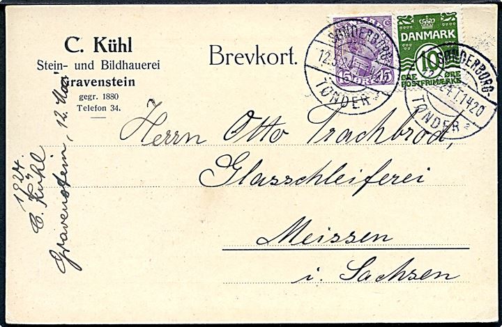 10 øre Bølgelinie og 15 øre Chr. X på brevkort fra Graasten annulleret med bureaustempel Sønderborg - Tønder sn2 T.1420 d. 12.5.1924 til Meissen, Tyskland.