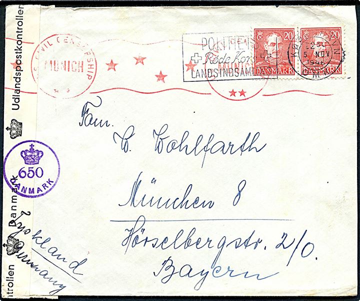 20 øre Chr. X (par) på brev fra København d. 5.11.1946 til München, Tyskland. Åbnet af dansk efterkrigscensur (krone)/650/Danmark og passérstemplet ved den amerikanske efterkrigscensur i München.
