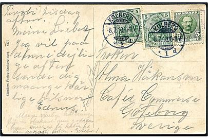 Dansk 5 øre Fr. VIII og tysk 5 pfg. Germania (2) på brevkort (Tivolis Indgang, København) stemplet Kolberg d. 8.7.1910 til Göteborg, Sverige.