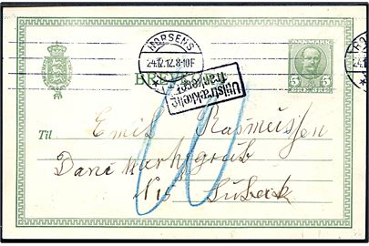 5 øre Fr. VIII helsagsbrevkort sendt underfrankeret fra Horsens d. 24.12.1912 til Lübeck, Tyskland. Rammestempel Utilstrækkelig frankeret og udtakseret i 10 pfg. tysk porto.