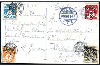 1 øre, 2 øre, 3 øre og 4 øre Bølgelinie på 4-farve frankeret brevkort annulleret med stjernestempel SANDVIG og sidestemplet Allinge d. 28.6.1908 til Rixdorf, Tyskland.