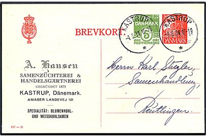 15+5 øre provisorisk helsagsbrevkort (fabr. 107-H) annulleret med brotype IIIc Kastrup d. 4.5.1934 til Reutlingen, Tyskland.