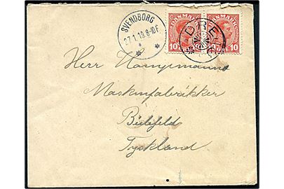 10 øre Chr. X i parstykke på brev annulleret med stjernestempel DREJØ og sidestemplet Svendborg d. 27.1.1919 til Bielefeld, Tyskland.