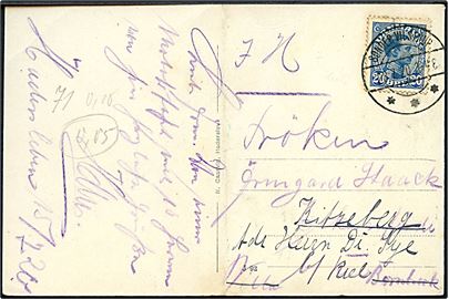 20 øre Chr. X på brevkort annulleret med brotype IIb Sønder Vilstrup d. 28.7.1920 til Eckernförde, Tyskland - eftersendt til Kitzeberg bei Kiel. Lodret fold.